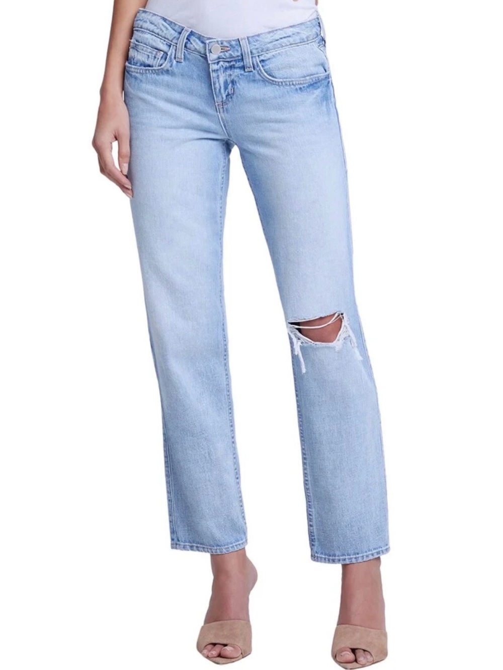 L'AGENCE Nevia Slouchy Straight Leg Jeans "Fontana Destruct" Sz 28 29” Inseam